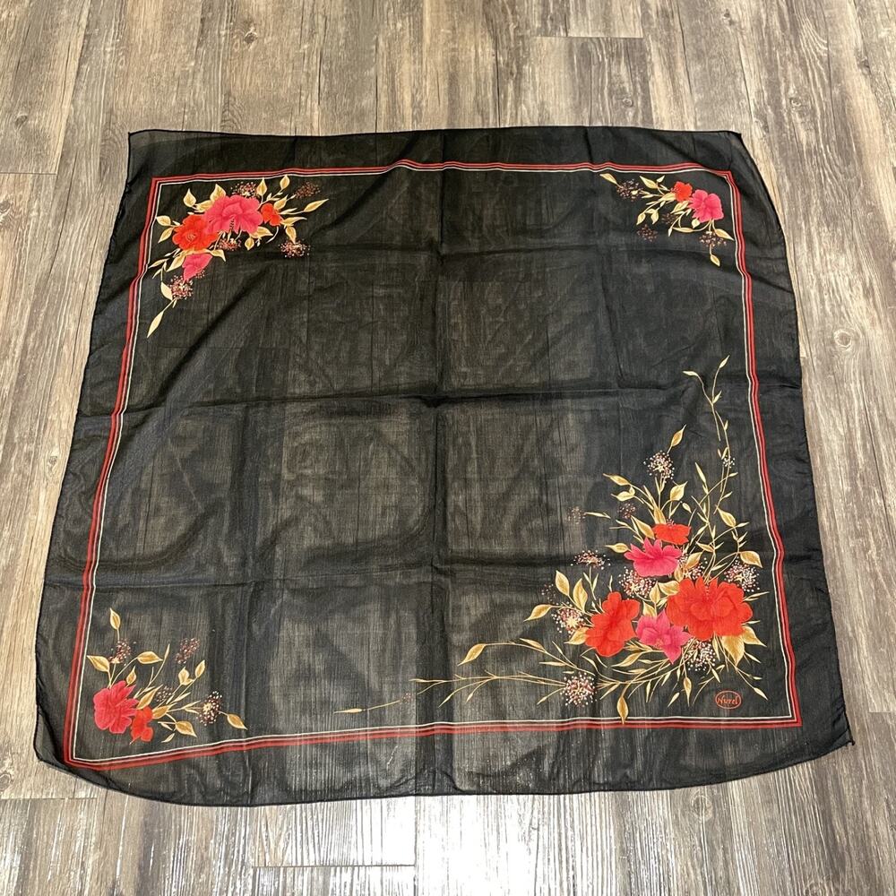 Nurel Turkey Floral Square Sheer Scarf Black Red Lightweight Vintage 31"x30"